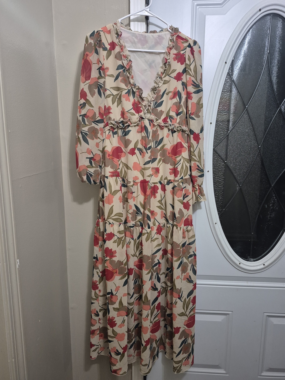 Cream Floral Tiered Midi Dress with Pink & Green Print